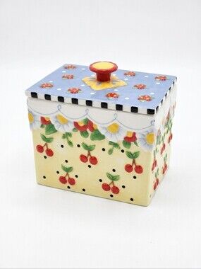 Mary Engelbreit Ceramic Cherries Tea Box Canister Lid 2002 Michel & Co Vintage